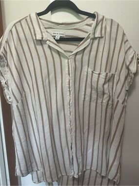Cream Button-Down Top with Taupe Stripes